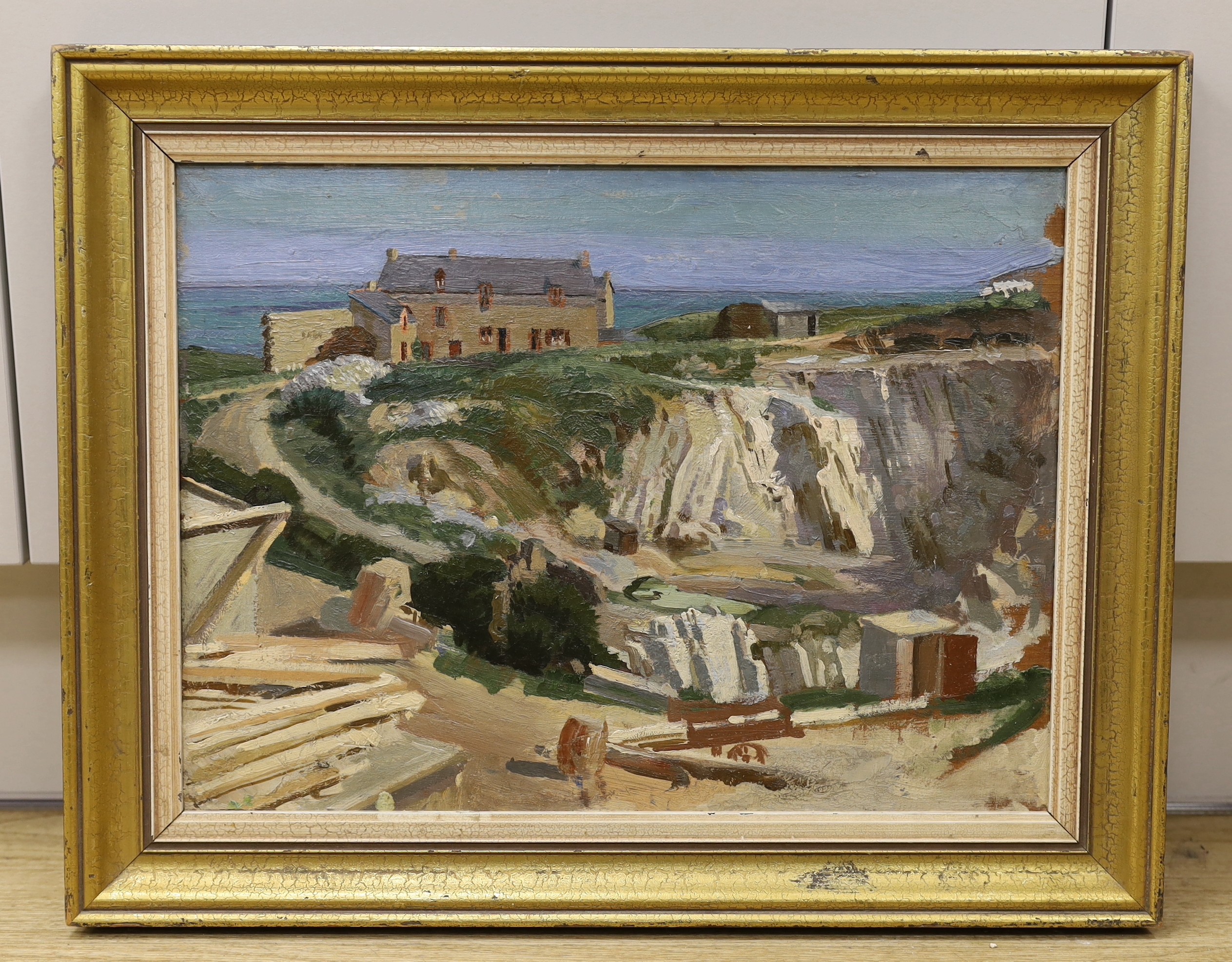 Early 20th century English School, oil on board, Coastal houses and quarry, 29 x 40cm